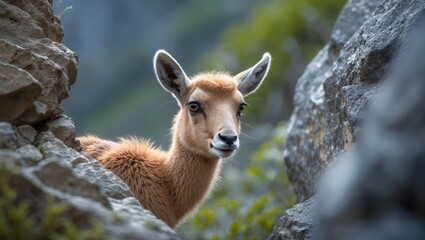Obraz premium Timid and inquisitive young chamois looking around the rock