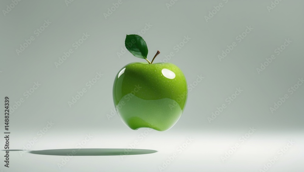 Poster isolated green apple in flight with background. clipping path.