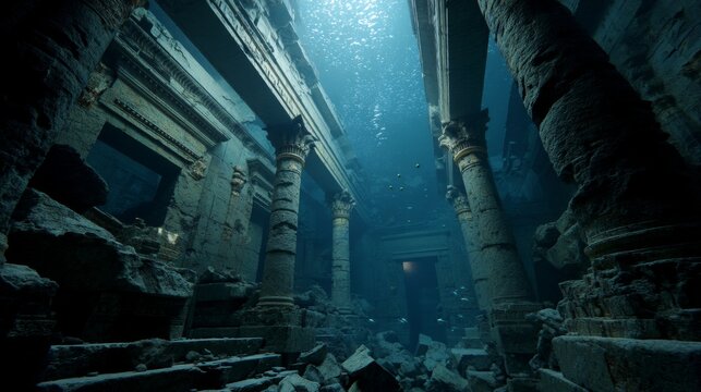 interior scenes of abandoned ruins underwater, walls and pillars made of lapis lazuli, crumbling scenes, dim light