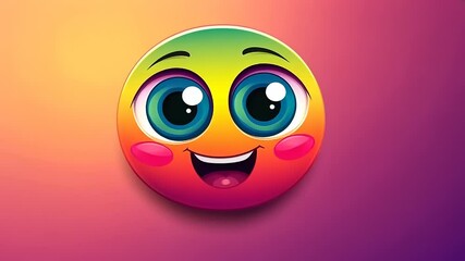 Colorful smiling emoji with large expressive eyes set against a vibrant gradient background