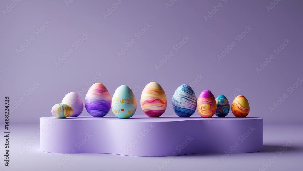 Poster pale lavender purple and light purple create a themed display podium for colorful eggs and various p