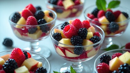 Fruit salad featuring apricot, peach, raspberry, and blackberry with a zesty lime dressing. Ideal for any celebration or festive occasion. This blend of flavors harmonizes beautifully.