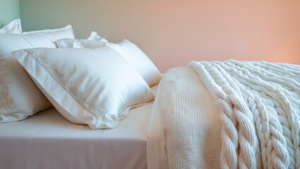 Obraz premium Side view mockup of a white bed set against a pastel backdrop, featuring a white pillowcase, a white bedsheet, and a white blanket.