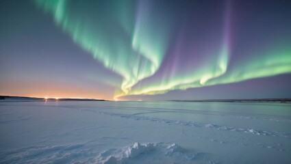 Stunning display of the aurora borealis shimmering over a frozen landscape at dusk with vivid colors