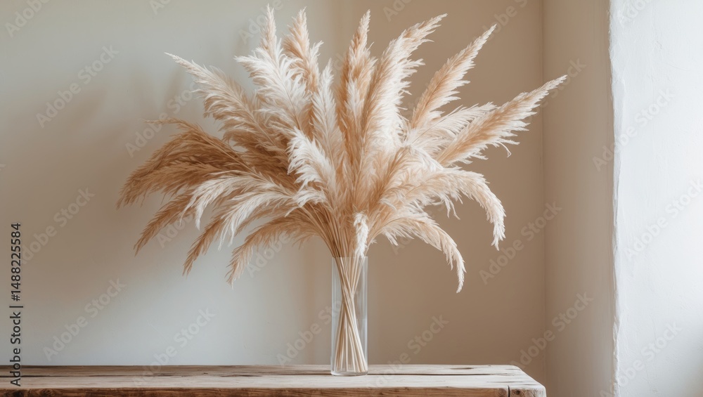 Poster stylish dried flower display in glass vase on a table by the wall with room for text