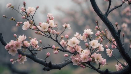 Obraz premium A springtime scene with a branch full of soft pink and white blossoms, capturing nature's colorful renewal and tranquil beauty.