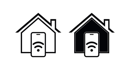 Smart Home Control Icon – House with Smartphone and Wi-Fi Signal for Automation, Connected Living, Remote Monitoring, IoT, Intelligent Security Interface Vector