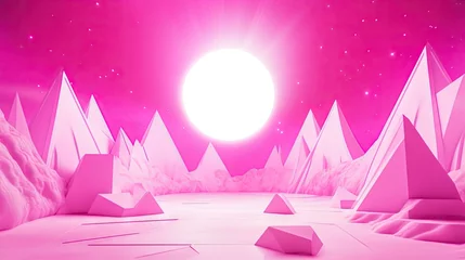 Fotobehang Pink, geometric landscape with a bright sun. © GASTAN ALVARENDRA ST