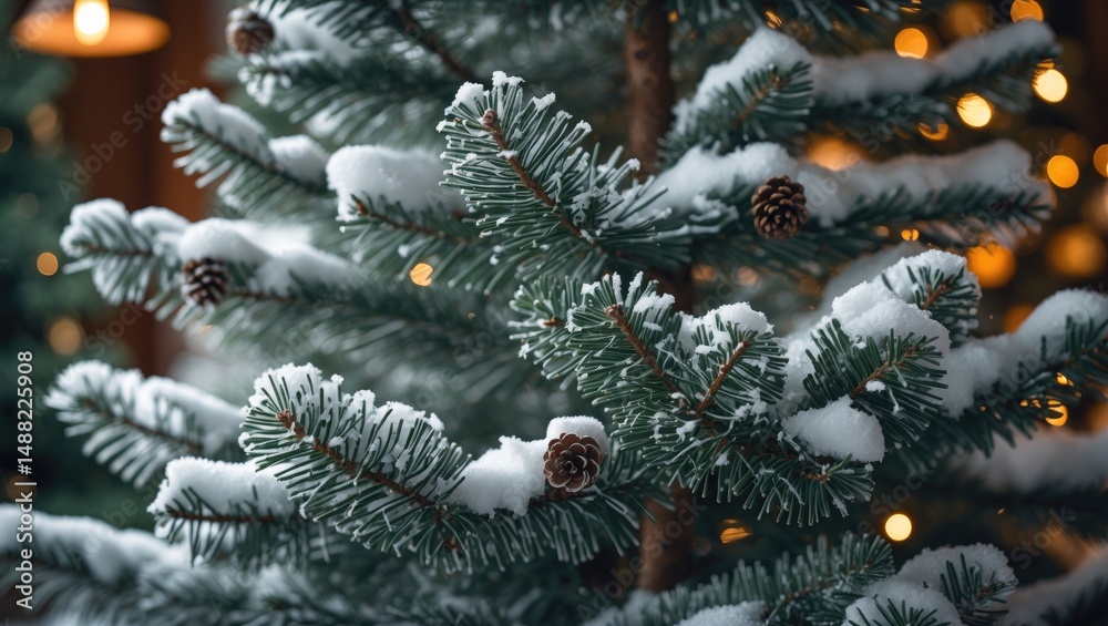 Poster futuristic christmas tree with abstract patterns, textures, and decorative pine cones illuminated by