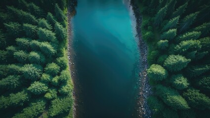 Aerial perspective of a blue lake with stone edges and vibrant green woods with pine trees in the summer season.