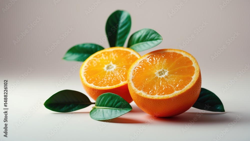 Poster orange fruit split in two with green foliage isolated on a surface.