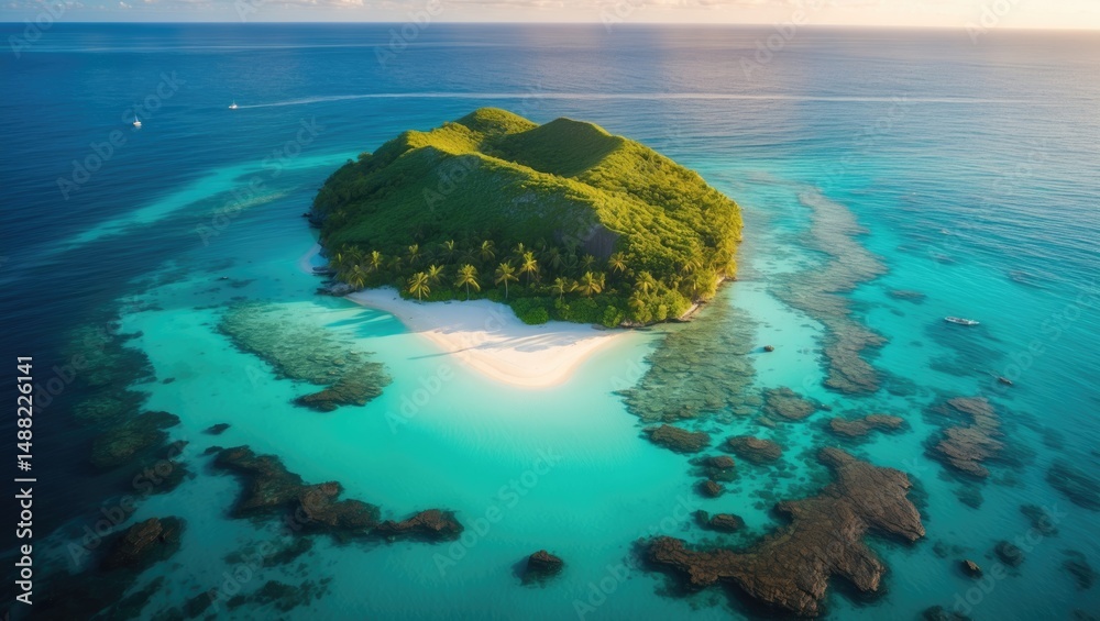 Poster aerial drone perspective of a tiny exotic island surrounded by deep turquoise and emerald waters