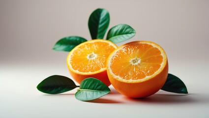 Fototapeta premium Orange fruit split in two with green foliage isolated on a surface.