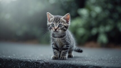 Obraz premium A young, lonely gray kitten resting on the asphalt in the city