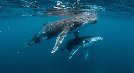 Obraz premium Majestic Humpback Whales Swimming Gracefully Underwater in Clear Blue Ocean