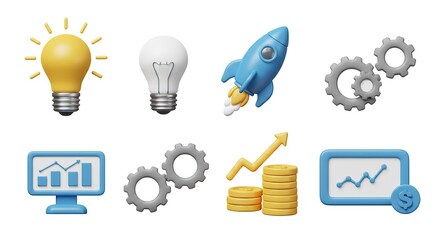 3D Business and Startup Icon Set – Innovation, Growth, and Finance