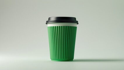 Green disposable corrugated paper coffee cup isolated on background. Takeaway coffee. Close-up.