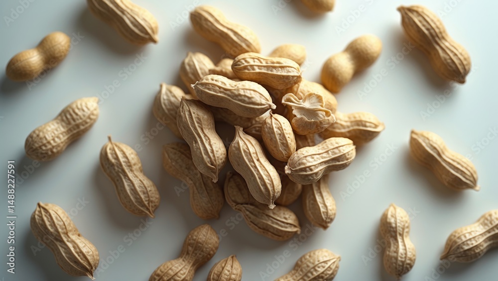 Poster whole shot of scattered peanuts in shells from above