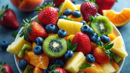Obraz premium View from above of a fruit salad containing strawberries, oranges, kiwi, blueberries, and peaches