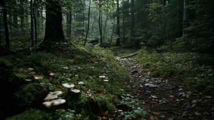 Landscape, very dark and densely wooded forest, deciduous trees, ings and mushrooms on the ground, on small footpath winding through