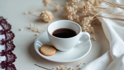 Fototapeta premium Espresso Small coffee cup paired with cookies morning drink food caffeine