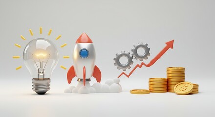 3D Business and Startup Icon Set – Innovation, Growth, and Finance