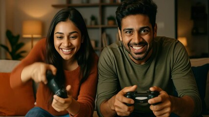 A couple intensely playing video games on a couch, captured from a front-facing angle, showcasing excitement and focus in a cozy living room setting. - Powered by Adobe
