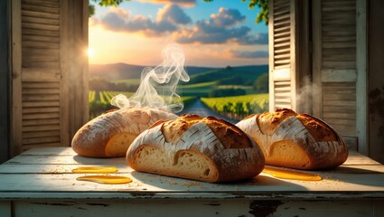 Freshly made bread on a white wooden counter with a backdrop of nature.