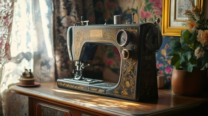 Vintage Sewing Machine Amidst Artistic Floral Backdrop and Soft Sunlight