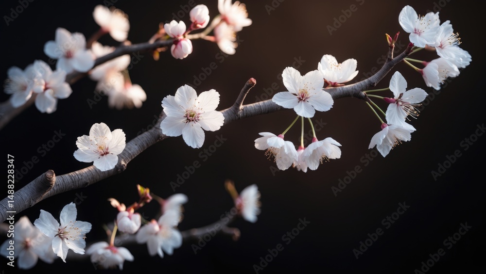 Poster spring scene featuring a blossom branch with beautiful flowers and greenery