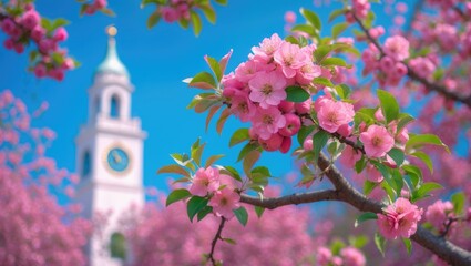 Pink apple tree branches in bloom alongside a blurred clock tower against a blue sky. Springtime views.