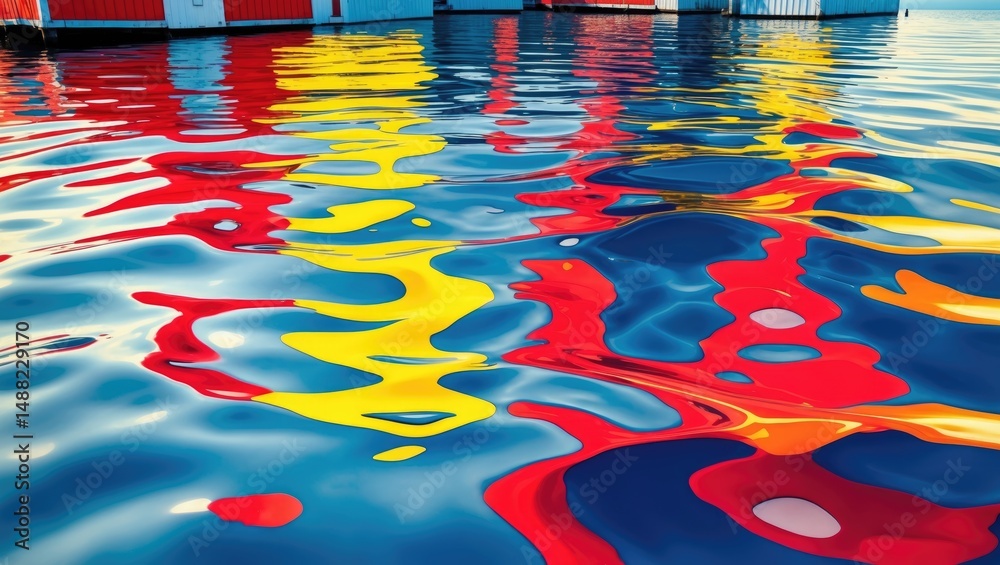 Poster water surface with vibrant color reflections and abstract textured background