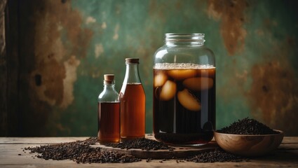 Fototapeta premium Homemade fermented kombucha beverage made from organic tea and water