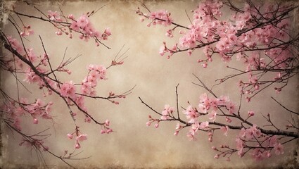 Cherry and plum blossom design on aged vintage paper background