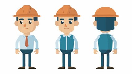 Engineer wearing hard hat. Character constructor for animation. Front, side and back Body view set. Vector illustration.