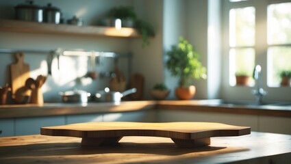 Podium or chopping board on wooden surface with blurred interior backdrop