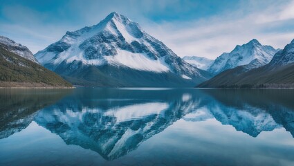 Vertical image capturing the stunning scenery by the lake with the snowy mountain in view