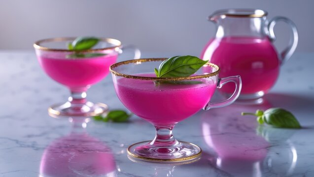 Glass of Purple basil Sherbet or Sharbat with a cruet in the background. Focused selection, close-up shot, horizontal view, light-colored background.