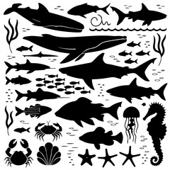 Black silhouette collection of diverse marine life including fish, sharks, octopuses, and seaweed on a white background, arranged in a dense pattern for aquatic-themed designs or illustrations.
