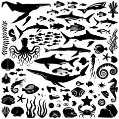 Black silhouette collection of diverse marine life including fish, sharks, octopuses, and seaweed on a white background, arranged in a dense pattern for aquatic-themed designs or illustrations.