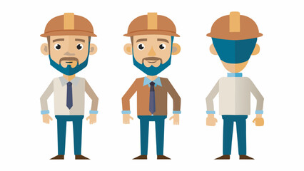 Engineer wearing hard hat. Character constructor for animation. Front, side and back Body view set. Vector illustration.