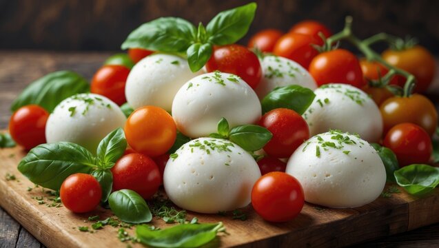 Fresh white Italian mozzarella cheese balls, ripe red cherry tomatoes, and vibrant green basil herb for salad preparation, close-up shot on a wooden backdrop