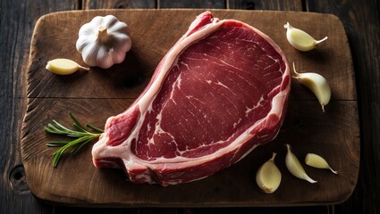 Fresh pork fillet and T-bone steak on butcher's wooden board, top view with space for text