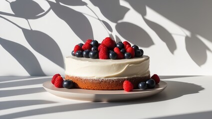A cake topped with cream cheese and berries on a ceramic plate. A sophisticated treat showcased against a white backdrop with leaf silhouettes. Slice of cake presented on a sleek contemporary platter.
