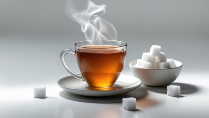 Fototapeta premium Black tea accompanied by sugar cubes on a plain background