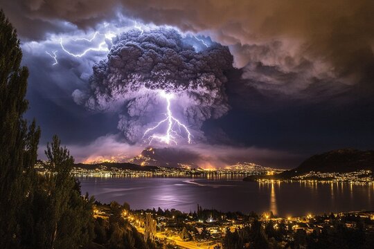 Electrical storm illuminates lakeside city at night