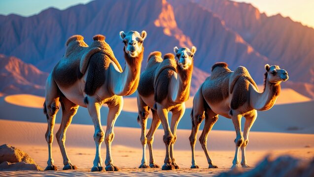 Photograph of camels in a mountainous desert area. - Powered by Adobe