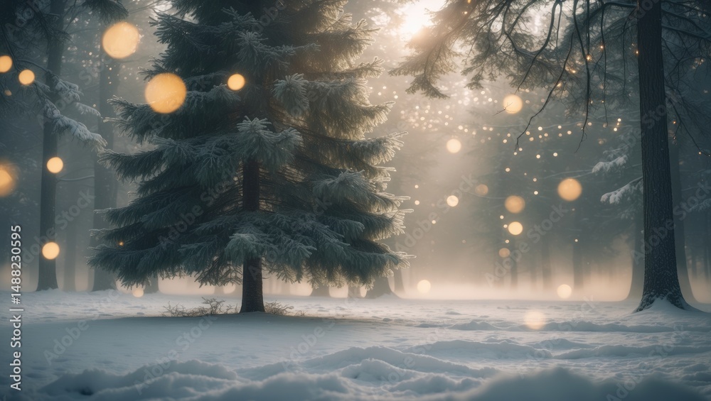 Poster cold winter forest setting with fir trees, sunlight, and bokeh glow