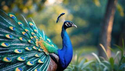 Fototapeta premium Peacock showcasing its wings from the side