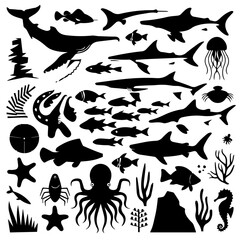 Black silhouette collection of diverse marine life including fish, sharks, octopuses, and seaweed on a white background, arranged in a dense pattern for aquatic-themed designs or illustrations.
